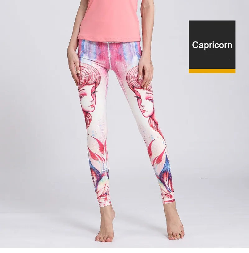 Женские штаны для фитнеса и йоги, спортивные колготки с принтом зодиака, облегающие леггинсы с высокой талией, эластичные леггинсы для бега, контроль живота