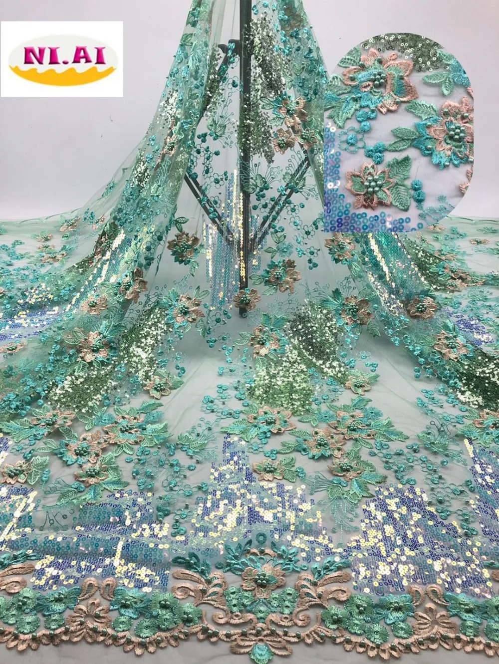 Кружево украшенное бисером в африканском стиле ткань вышитая кружевная ткань в нигерийском стиле Высококачественная французская Тюлевая кружевная ткань для женщин платье NI1816-6