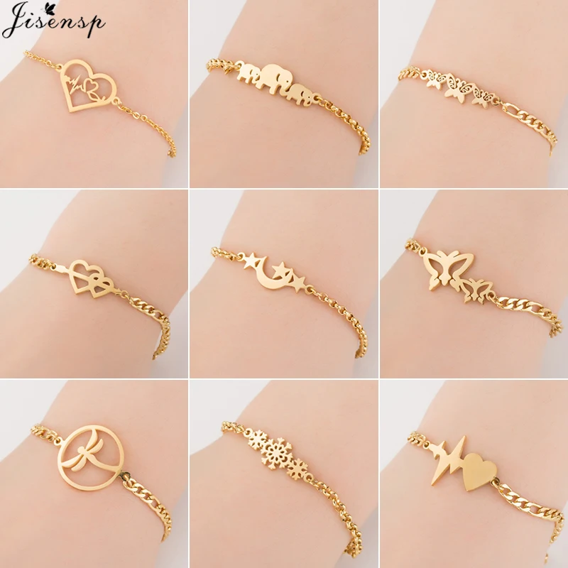 

Jisensp Stainless Steel Star Moon Bracelets for Women Hollow Butterfly Gold Charm Bracelet Pulseira Feminina Engagement Jewelry