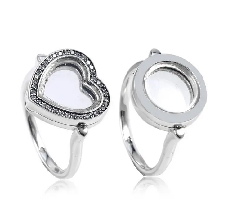 925 Sterling Silver Jewelry With Clear CZ Floating Locket Heart Rings
