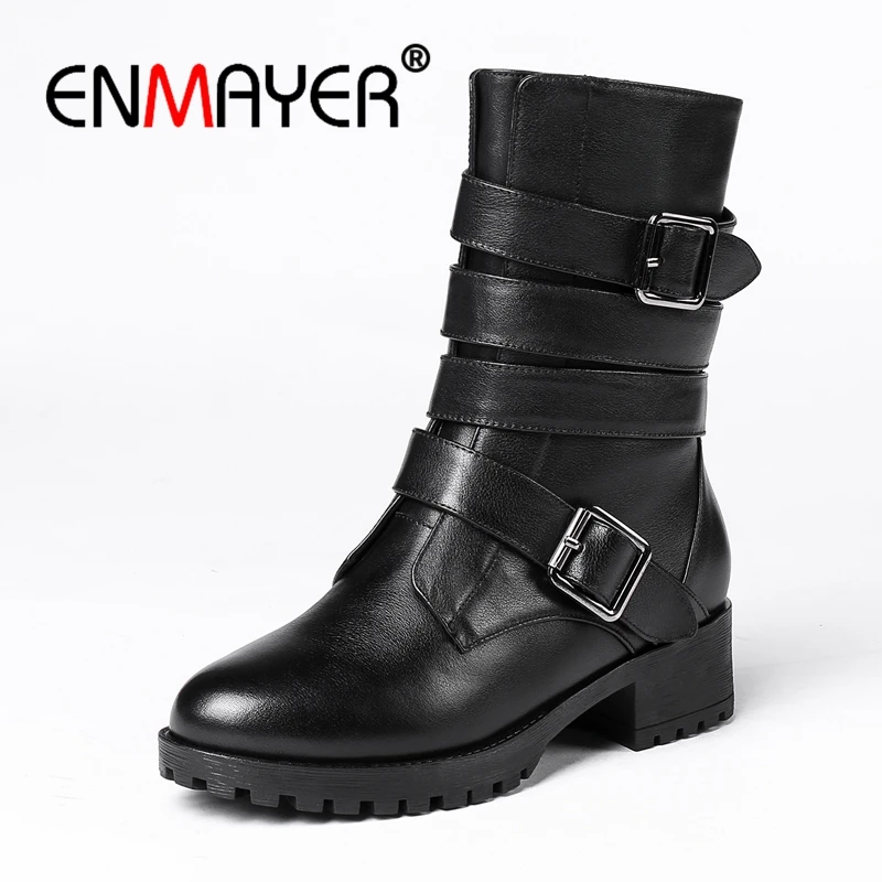 

ENMAYER Top Quality Women Genuine Leather Boots Square heels Autumn Winter Warm Snow Boots Shoes women Motrocycle boots CR345
