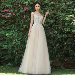 Легкий кремовый цвет свадебное платье Тюль а линия кружевное свадебное платье аппликация Свадебная с коротким рукавом и низким вырезом на