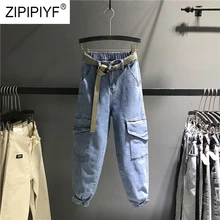 Винтажные женские Джинсы бойфренда для женщин Высокая талия Свободные женские брюки повседневные потертые джинсы из денима подходят женские синие брюки K467