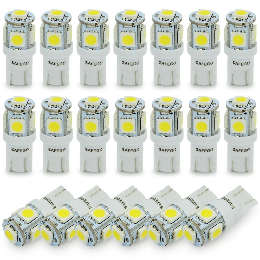 

50pcs Safego T10 Wedge Led LED Car Auto interior bulbs(doors lights) w5w 5 SMD LED 5050 red yellow blue green T10 white led