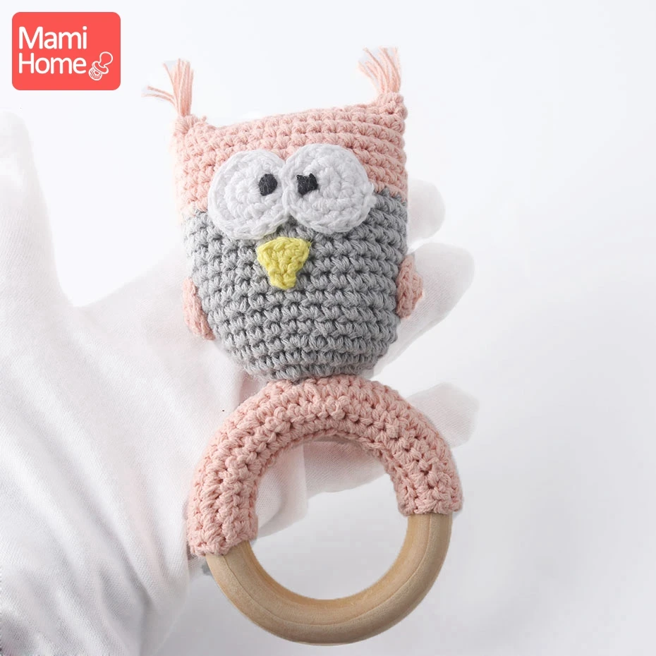 mamihome 1pc Baby Rattle Cartoon Crochet Animal Baby Teether Wooden Ring Handmade Chew Toy BPA Free Wooden Teething nursing gift