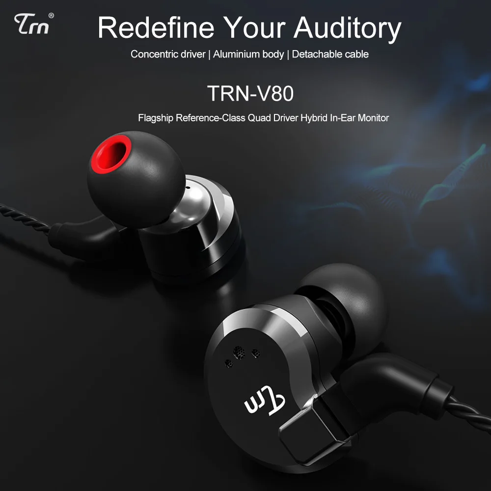 TRN V80 2BA+2DD Hybrid Metal In Ear Earphone HIFI DJ Monito Running Sport Earphone Earplug Headset Detachable Cable AS10\\T2\\V30