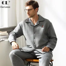 CherLemon Премиум Пижама Мужская Толстая стеганая Хлопковая пижама Мужская зимняя домашняя одежда в клетку Классическая пижама с длинными рукавами и отложным воротником