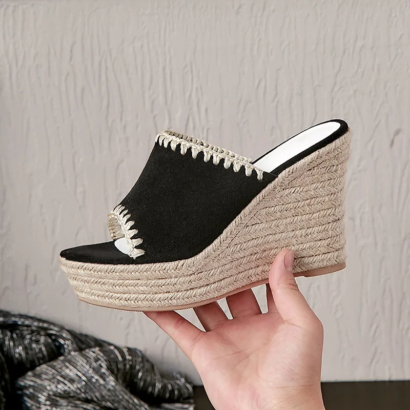 

YMECHIC Summer Wedge Shoes Woman 2019 Blue Black Kid Sude Platform Slides Weaving Sewing Design Wedges Heels Slippers Platforms
