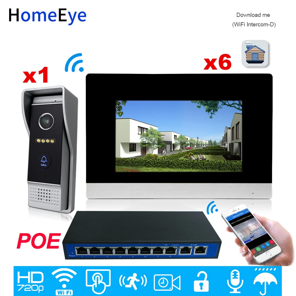 

HomeEye 720P HD WiFi IP Video Door Phone Video Intercom Android/IOS APP Remote Unlock Home Access Control System 1-6 +POE Switch