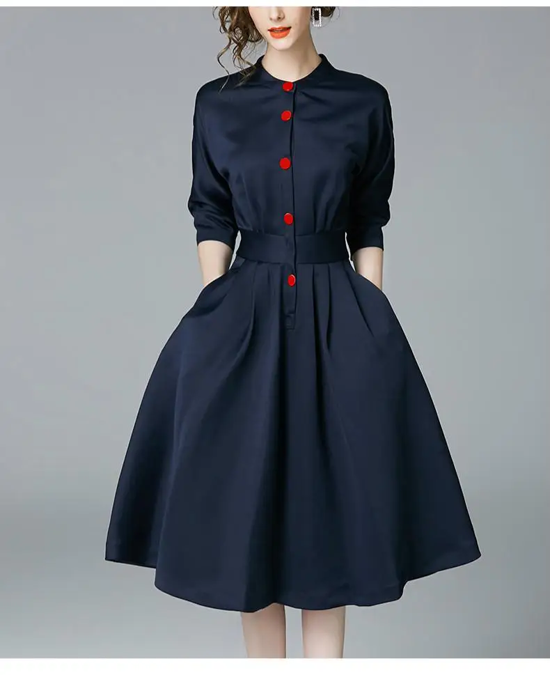 

New Spring Autumn Vintage Dresses Women Slim 3/4 Sleeve A Line Office Wear Dress Elegant Laides Ol Work Business Dresses