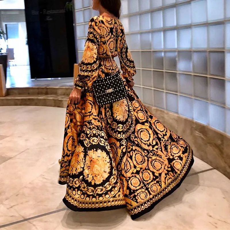 

Fashion Womens Round Collar Short Sleeve Printed Maxi Floral Fress Gown Dress