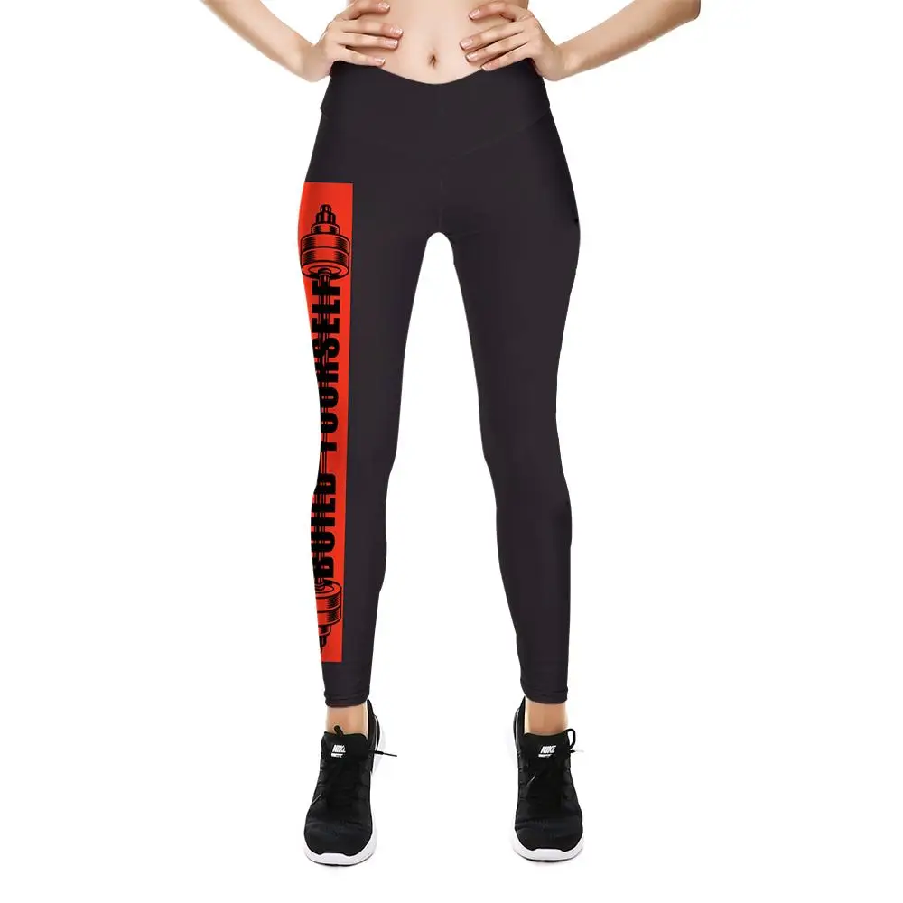 Women Black Leggings Red Stripe Alphabet Printed Pencil Pants Casual ...