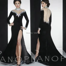 2014 Gorgeous High Neck Long Sleeves Side Slit Velvet Panoply Vestidos De Fiesta Crystal Beaded Long Evening Dresses