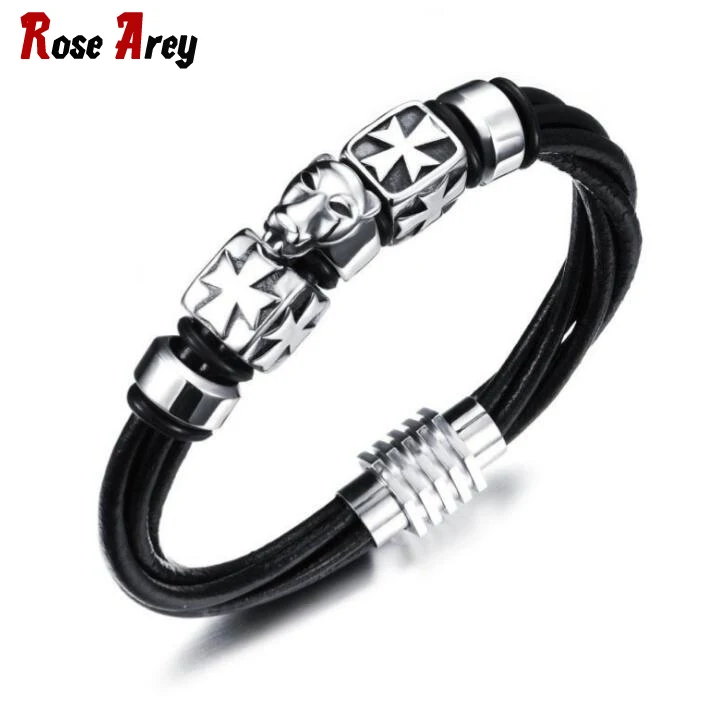 Men Charm Bracelet Black Leather Rope Bracelet Animal Shaped Stainless