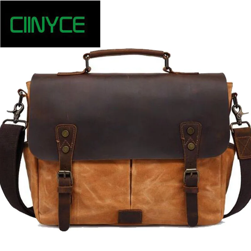 

2018 Vintage Military Waxed Waterproof Canvas Leather Men's Briefcase Business Laptop Camera case Men shoulder Crossbody Bag
