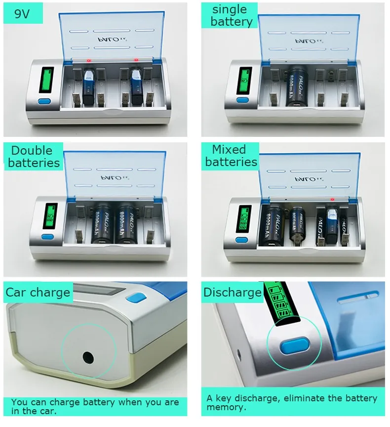 C906W многофункциональный 4 слота ЖК-дисплей зарядное устройство для Nimh Nicd AA/AAA/C/D/9 В аккумуляторная батарея