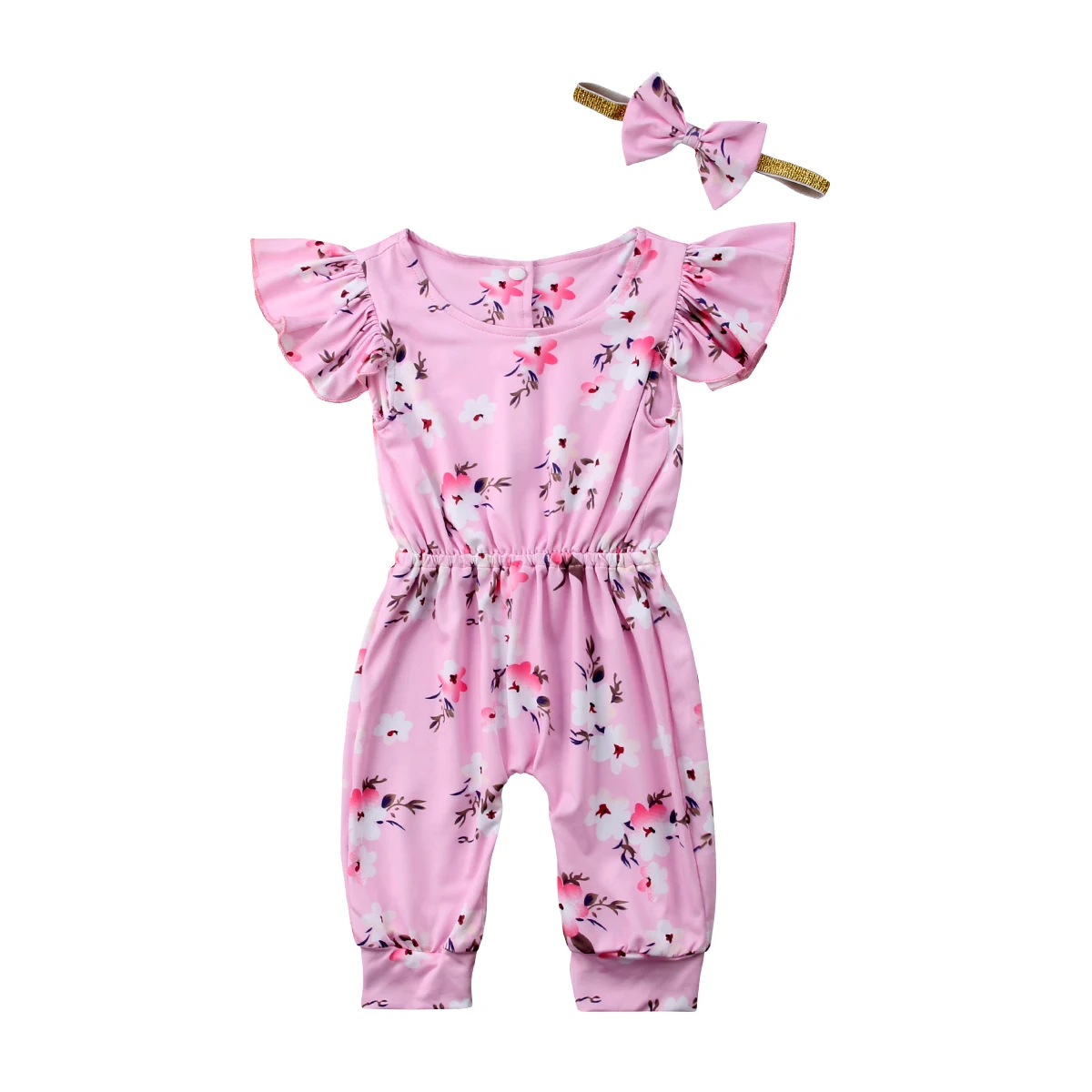 Summer Newborn Baby Girls Flower Romper Jumpsuit+headband Outfts
