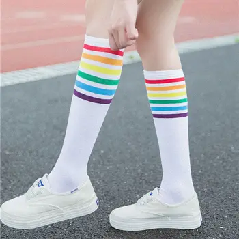 

Fashion Fall Cute Student girls Women Cotton Colorful Winter Rainbow Striped Print Over Knee Medium Stockings