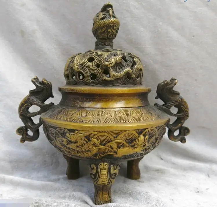 Fine brass censer China carved many dragon tiger incense burner