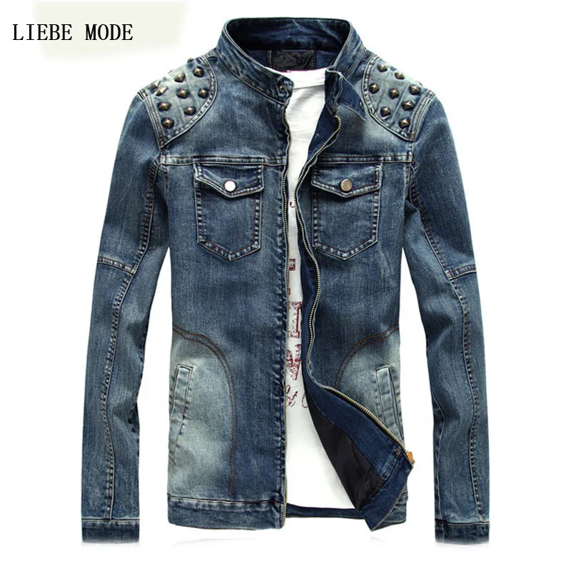 2017 Mens Stand Collar Bomber Biker Jean Jackets Men Punk Style Denim