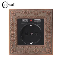 Coswall Высококачественная ретро-панель из цинкового сплава 16A черная Европейская стандартная настенная розетка с двойным USB 2.1A зарядным портом рельефная панель