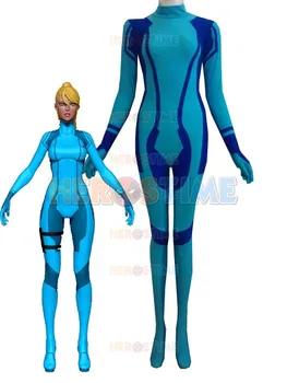 

Samus Aran Superhero Costume hot sale halloween cosplay party blue spandex female Samus Aran show zentai suit free shipping