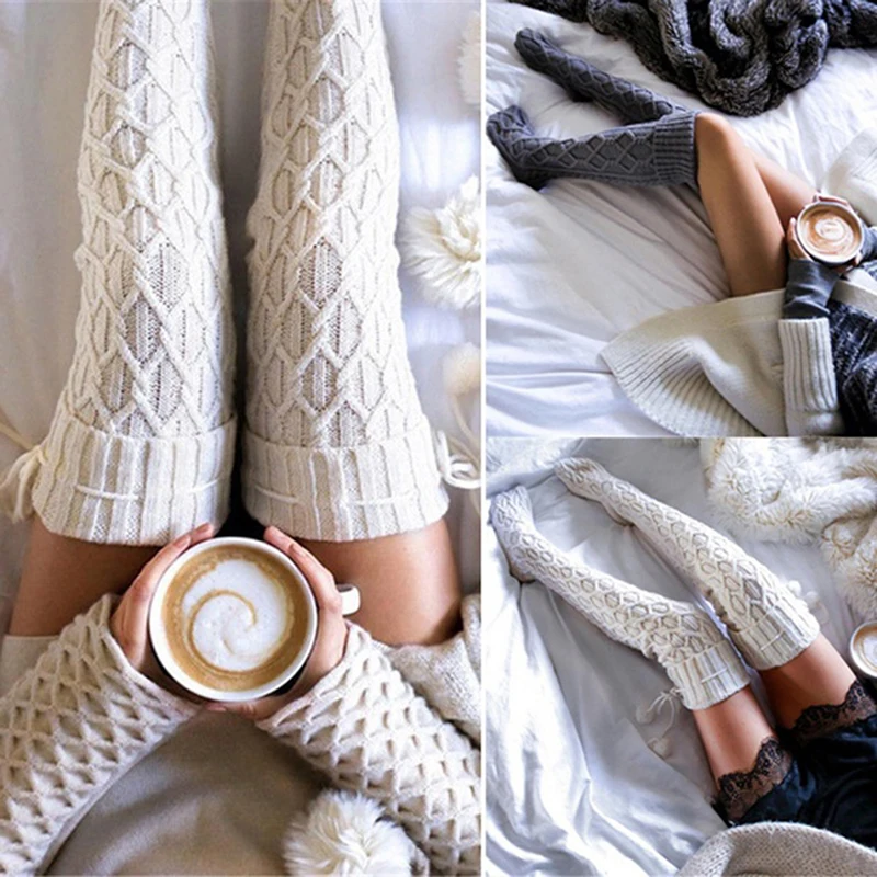 

1 Pair Long Woolen Ball Stockings Warm Autumn Knit Over Knee Socks Thigh High School Girl Solid Color