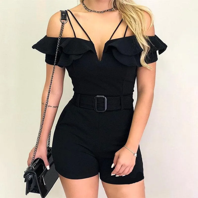 Women Layered Ruffles Short Jumpsuit Sashes Elegant Cold Shoulder Romper V Cut Wrap Skinny Bodycon Casual Party Overalls Women Layered Ruffles Short Jumpsuit Sashes Elegant Cold Shoulder Romper V Cut Wrap Skinny Bodycon Casual Party Overalls