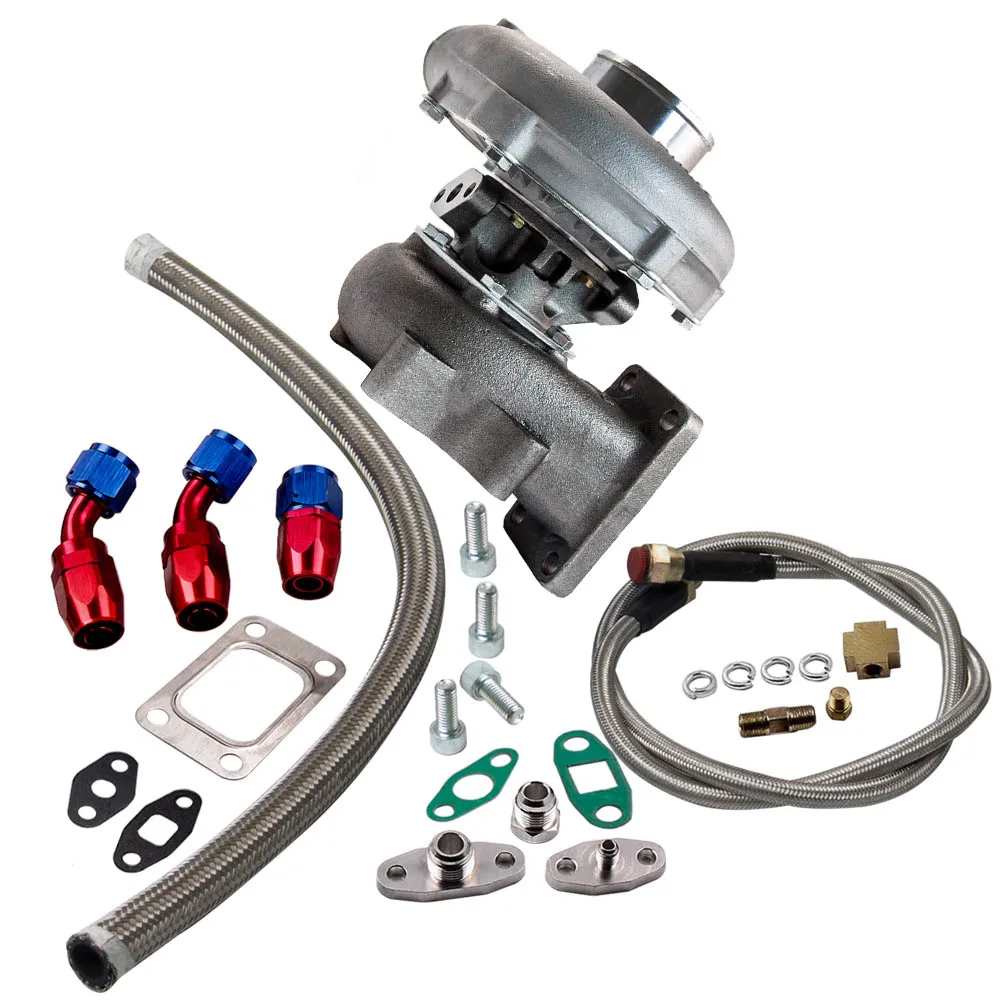 

T3 T4 t04e Turbo Charger 0.5 A/R 0.63 T04E w/ oil inlet oilet feed return lines Oil Return Feed Line Kit for 1.6-2.3L Universal
