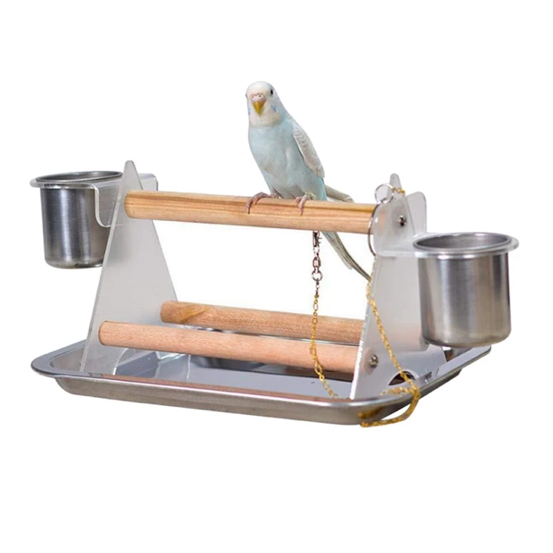 

Small Medium Parrot Bird Perch Table Top Acrylic Triangle Stand With 2 Feeding Cups For Water And Food