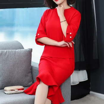 

High Quality Women's Two Pieces Set Sweater Autumn Winter Ladies Twin Sets Knitted Sweater Suits with Skirt