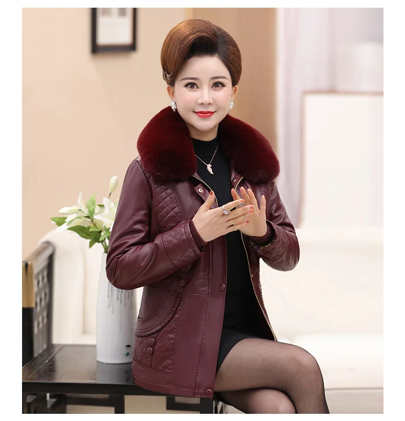 Middle Aged Women Winter Leather Jacket Short Padded Coat Artificial Fur Collar Jackets For Old Women Winter Coat 2018 New CH741 (6)