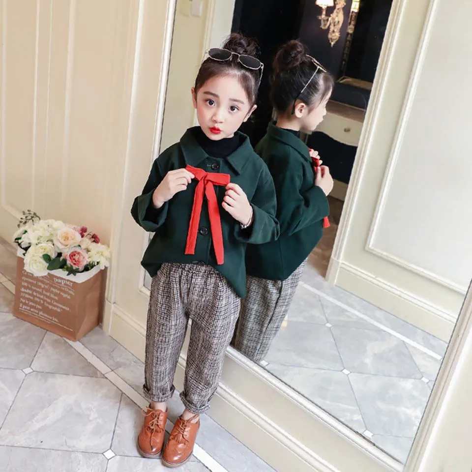 

2018 Baby Girls Autumn Winter Wool Long Sleeve Soild T-shirt Fashion Single-breasted Outwear + Plaid Pants 2 Pcs Girls Sets