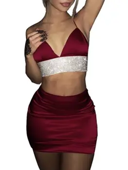 

Womens 2 Piece Bodycon Two Piece Crop Top and Skirt Set Split Set Pencil Party Clothing Set