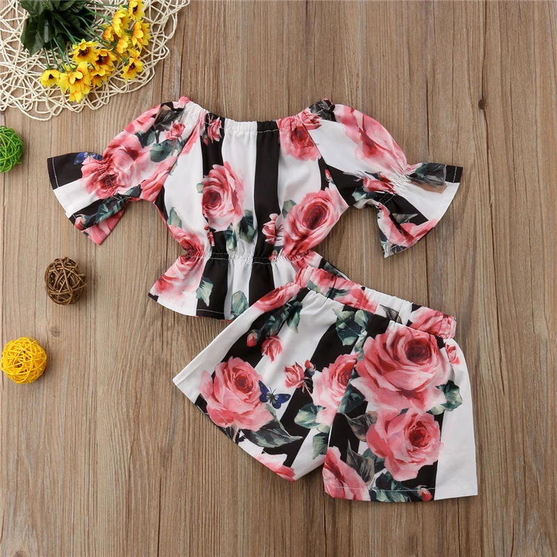 

Newest Toddler Kids Girls Stripe Floral Tunic Tops Shorts Outfits Set Clothes