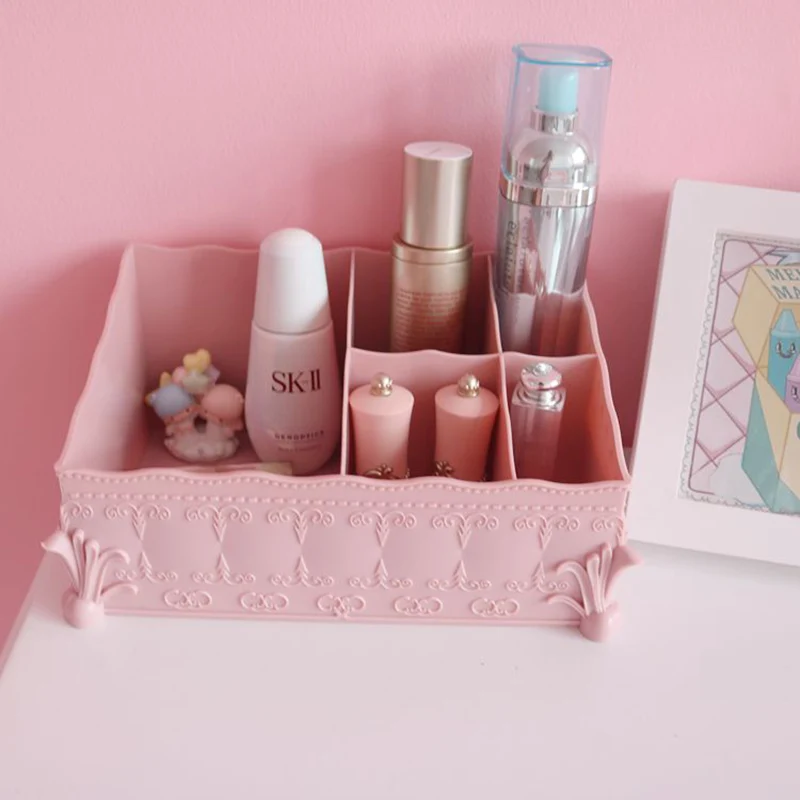 6 Grids Lace Retro Cosmetic Storage Box French Embossed Girl Desktop Makeup Brush Office Articles Basket Sundries Container