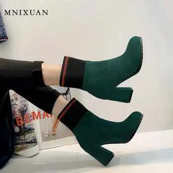 

MNIXUAN Fashion Boots winter women shoes sock boots Knitted elastic boots 2019 new suede block high heels short boots green shoe