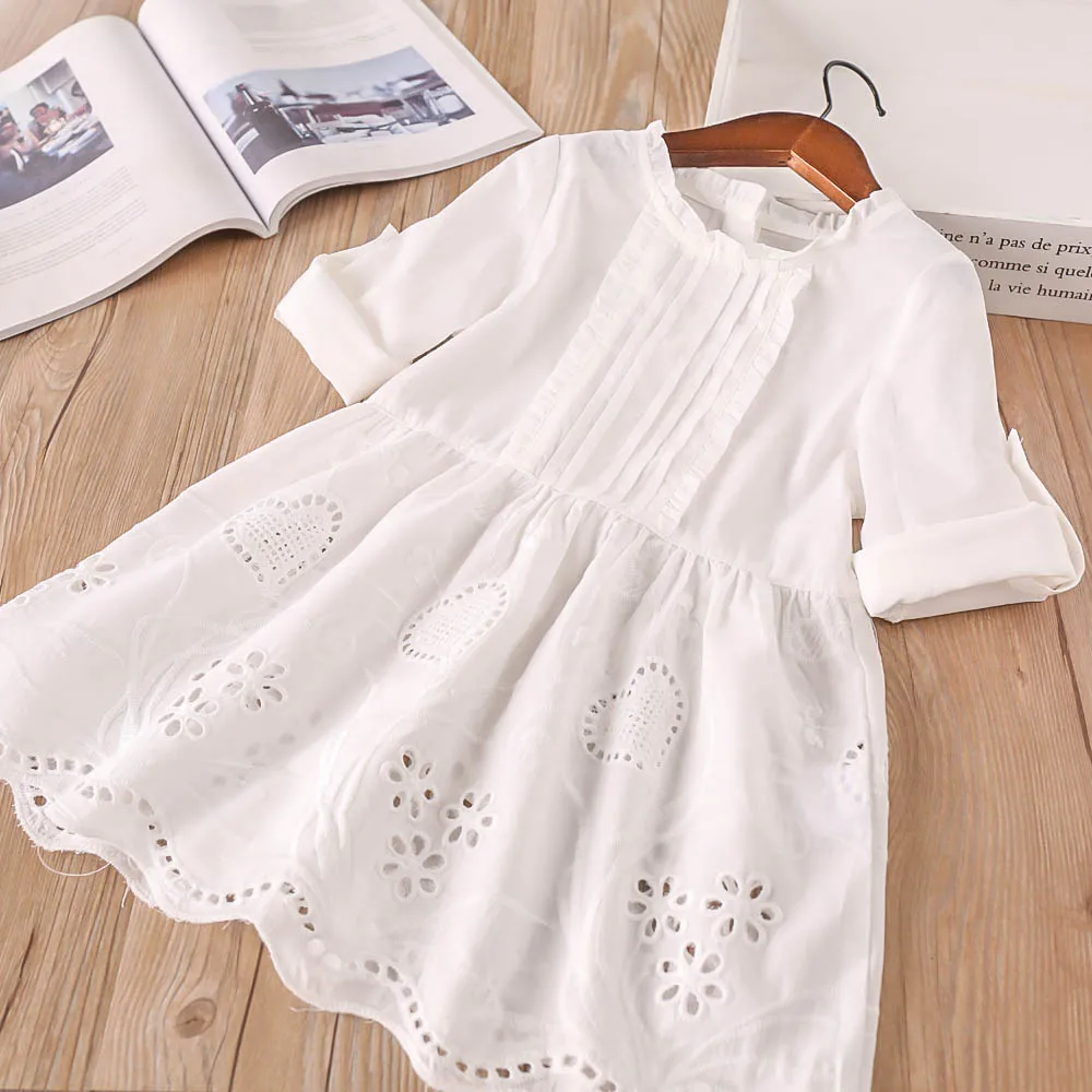 

Hurave 2018 New baby Girl clothes Children O-neck full sleeve dresses Kids Clothes openwork solid embroidery ruffles dress