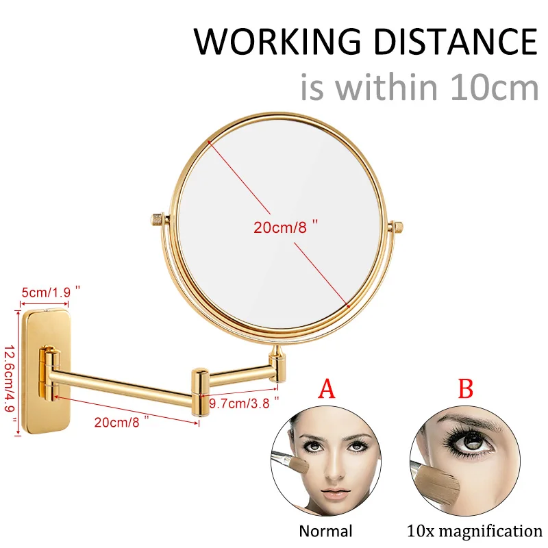 Гурун настенный зеркало для макияжа, бритья зеркала двусторонняя с увеличением и нормальный, 360 градусов вращение удлиненное зеркало - Цвет: 8 inch 10X