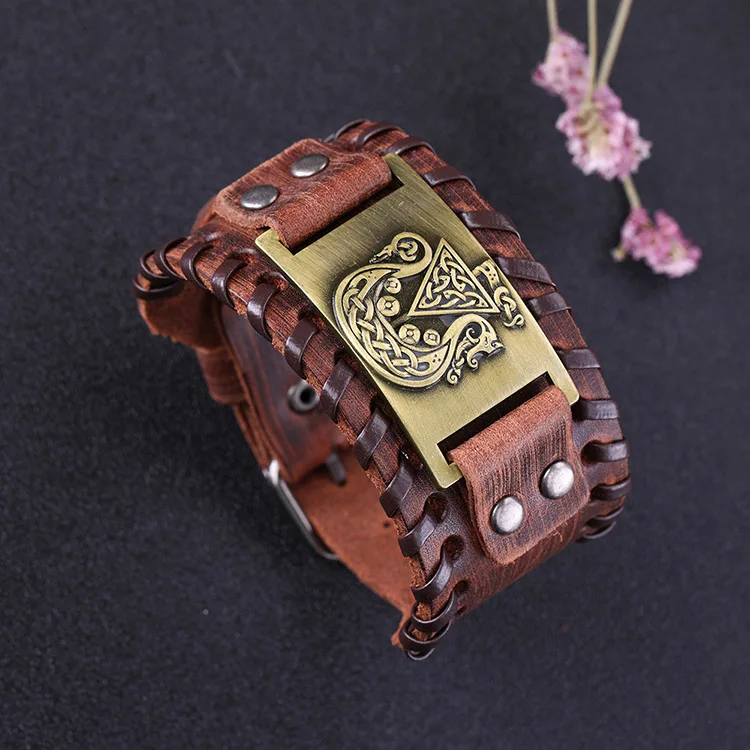 Мой Форма Ce ltic символ Браслеты браслеты, посвященные тематике викингов Скрытая Дракон ирландское амулет с узелком широкий плетеный кожаный браслет Для мужчин - Окраска металла: 4