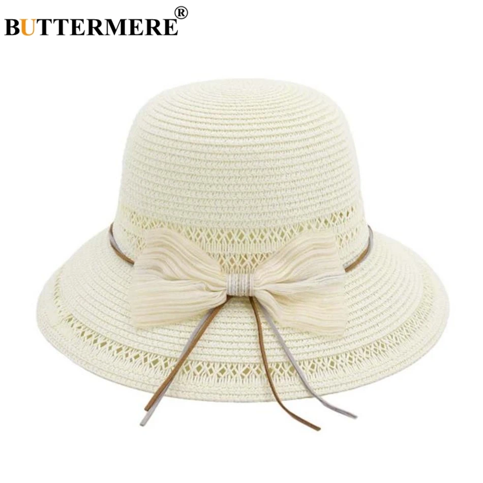 

BUTTERMERE White Sun Hat Women Bowknot Ladies Fedora Designer Straw Brand 2020 Spring Summer Female Beach Sun Hat
