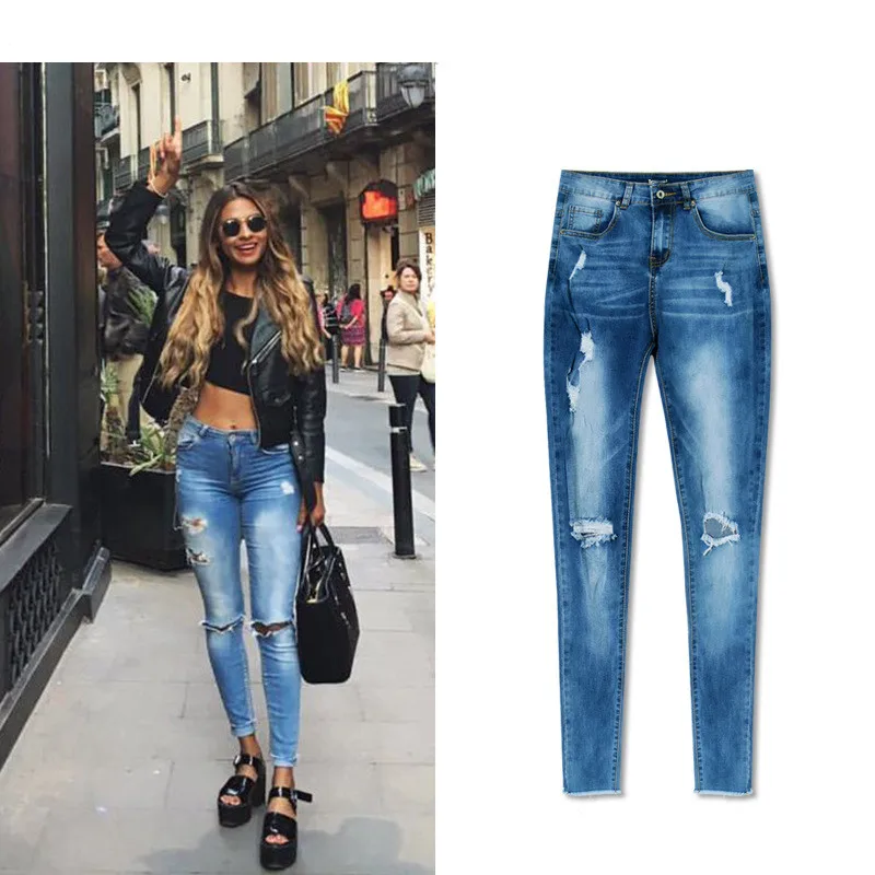 Jeans High Waist Ripped Hole Women Boyfriend Jeans Navy Blue Cotton Skinny Denim Push Up Bleached Fashion Female Jeans Femme (16)