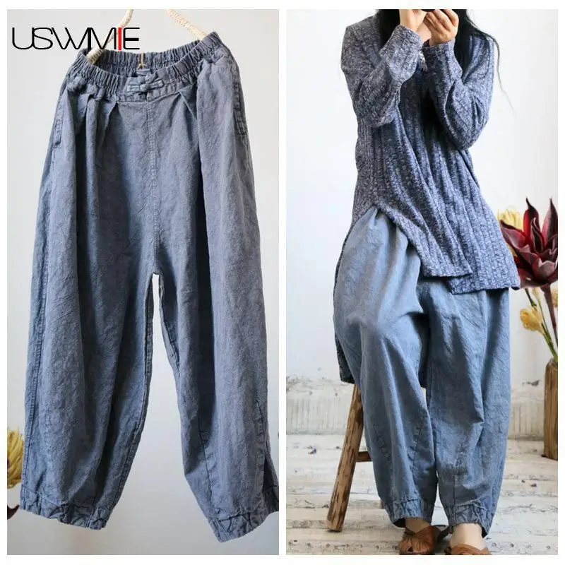 

2018 Women Pants Winter Literary Retro Solid Color Simple Joker Pockets Elastic Waist Plus Size Lantern Trousers Women USWMIE