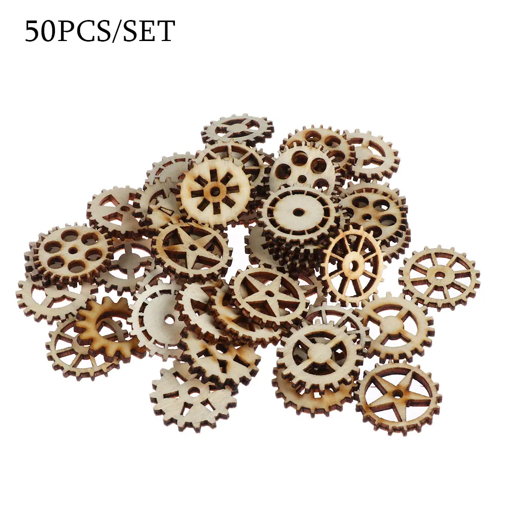 

50pcs/set Mixed Wheel Gear Pattern Natrual Wooden Scrapbooking Hollow Craft Round Random for Home Decoration 25mm