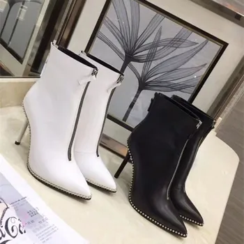 

High quality pointed toe zips genuine leather women boots high heel sexy lady pumps OL party short boots