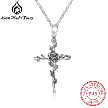 Rose & Cross Design 100% 925 Sterling Silver Pendant Necklace Vintage Women Necklaces Gothic Jewelry (Lam Hub Fong NE102030)