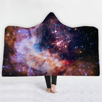 

3D Star universe Hooded Blanket Sherpa Fleece Ocean Blue Wearable plush Throw Blanket on Bed Sofa Thick warm blankets for beds