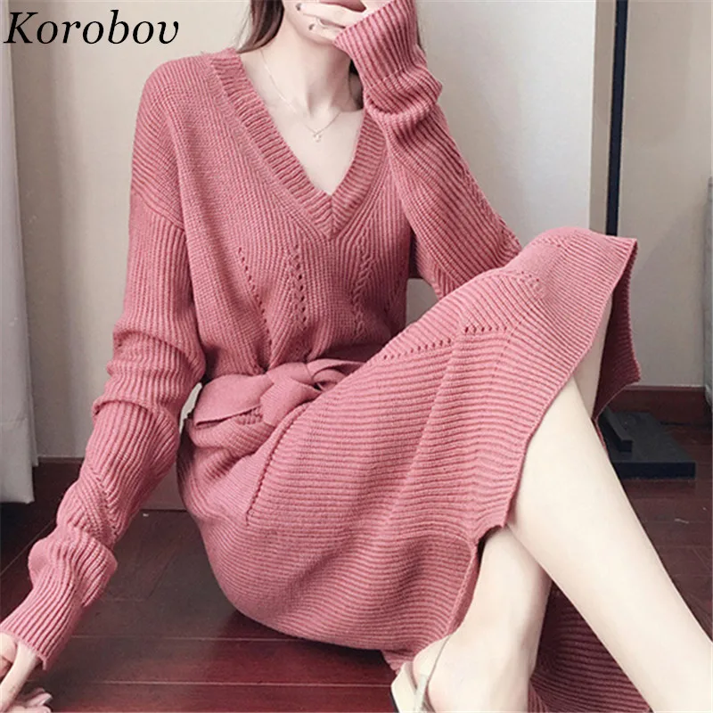 

Korobov Sashes Bow Long Female Pullovers Sweater V-Neck Botton Mujer Sweaters Auttum Winter Warm Sueter Feminina 75803