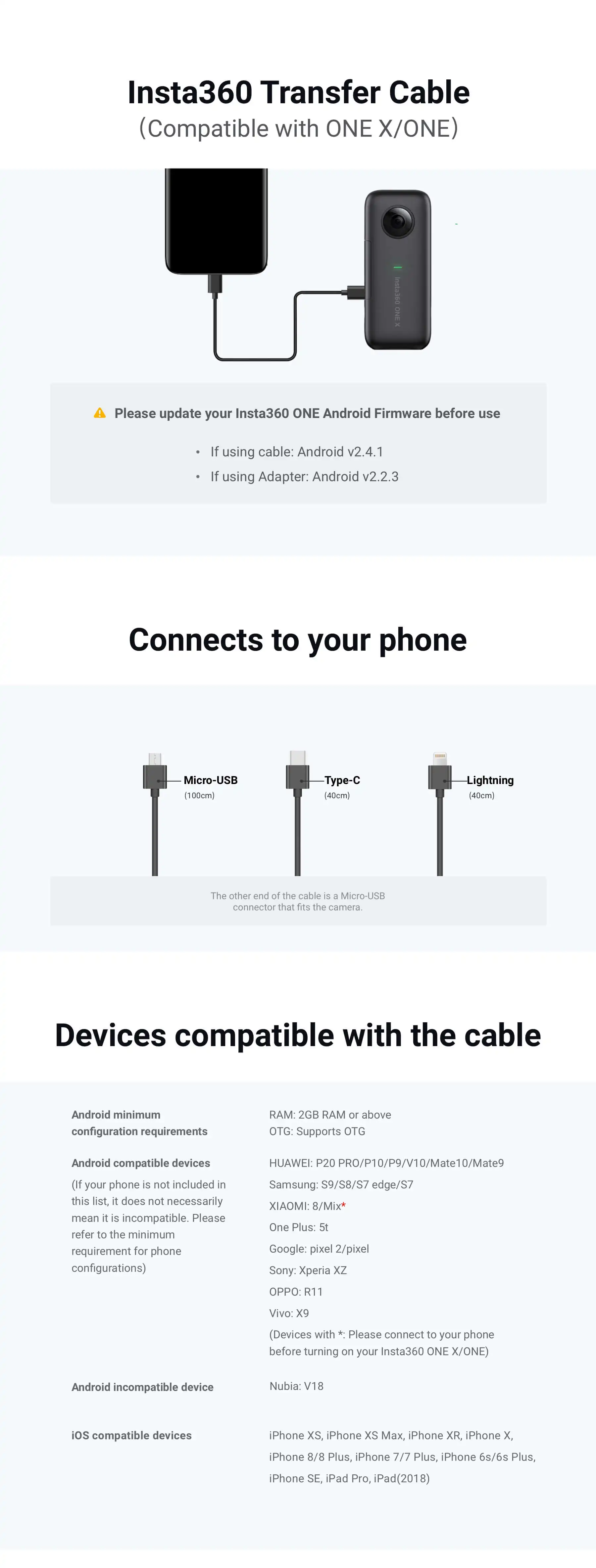 Кабельный адаптер(Micro USB или usb type-C) для Insta360 ONE Android и ios