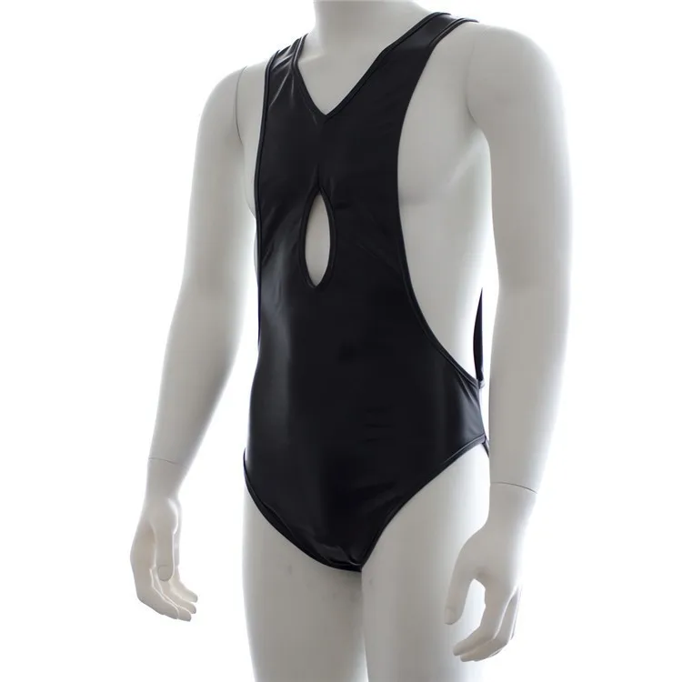 Sexy Male Gay Fetish Wet Look Leather Like Wrestling Singlet Leotard Boxers Body Suit with Open Chest Night Club Costume